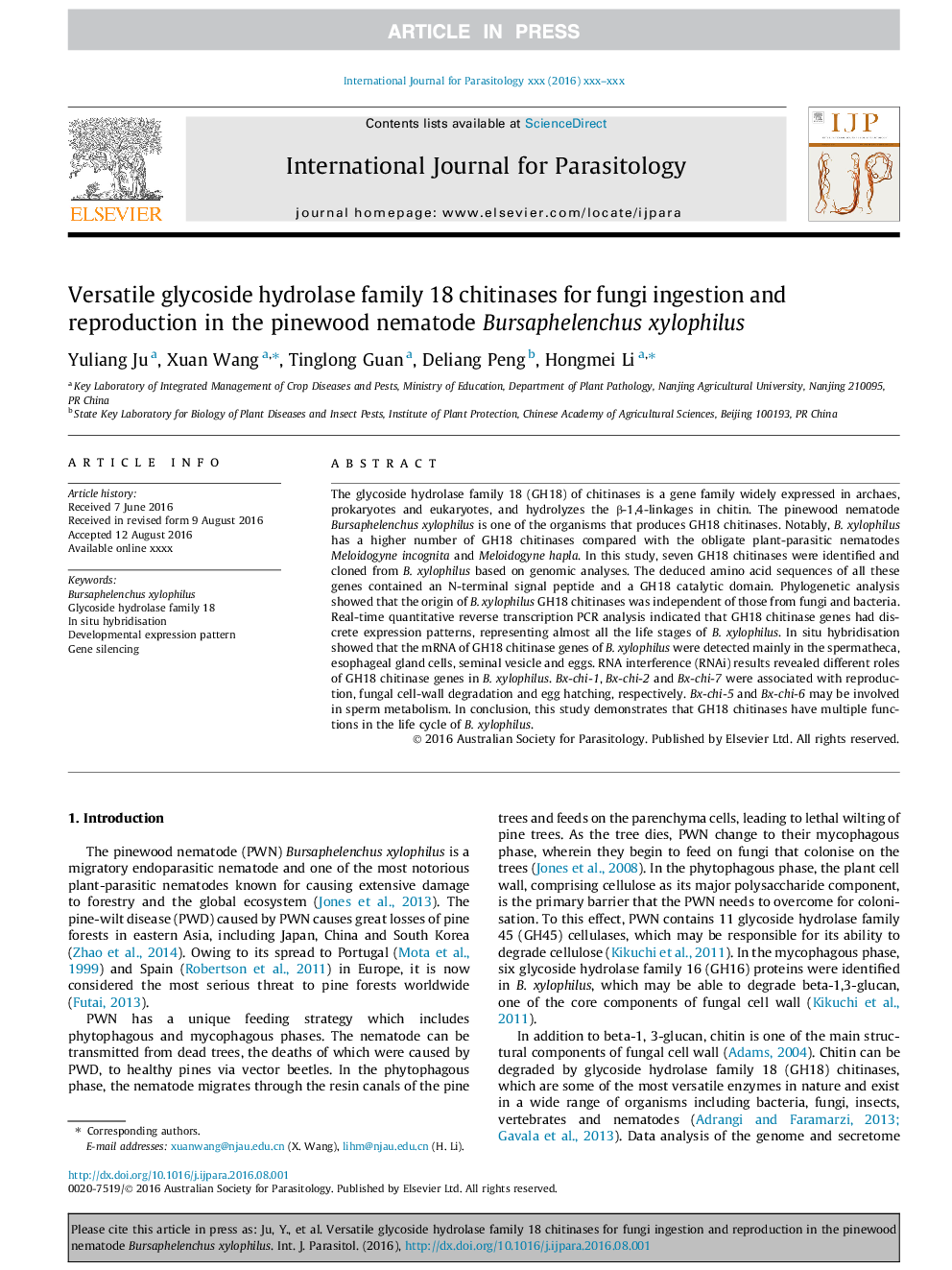 Versatile glycoside hydrolase family 18 chitinases for fungi ingestion and reproduction in the pinewood nematode Bursaphelenchus xylophilus