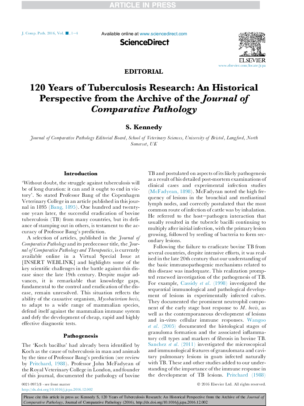 120 Years of Tuberculosis Research: An Historical Perspective from the Archive of the Journal of Comparative Pathology