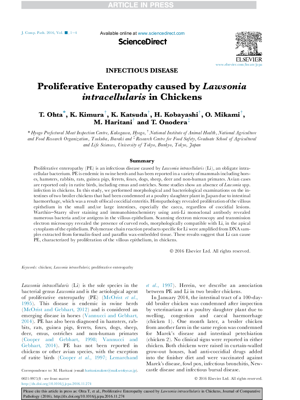 Proliferative Enteropathy caused by Lawsonia intracellularis in Chickens