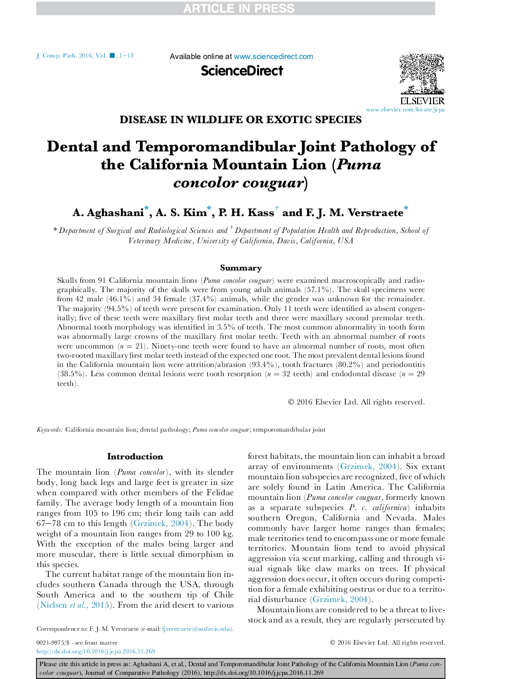 Dental and Temporomandibular Joint Pathology of the California Mountain Lion (Puma concolor couguar)