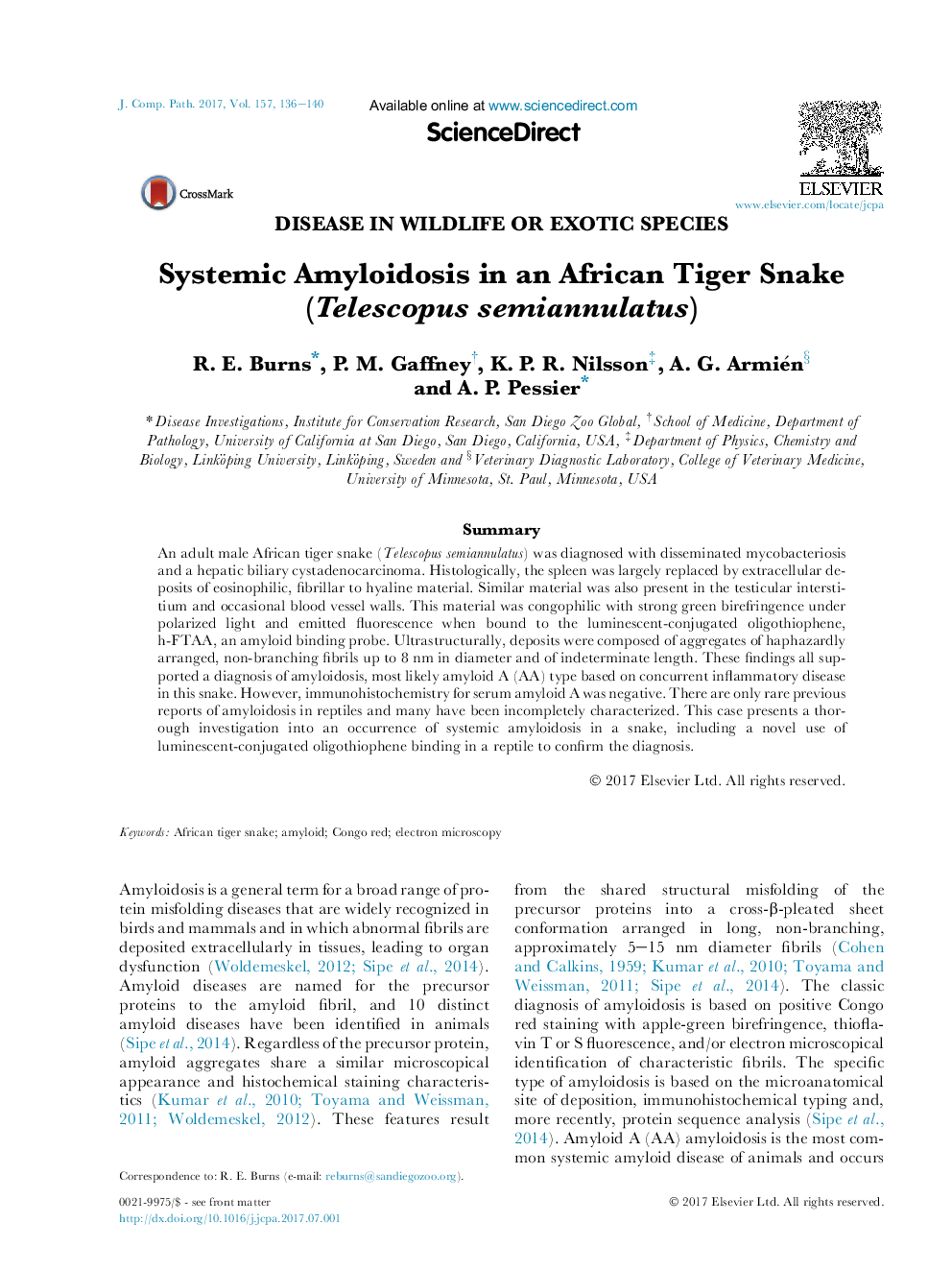 Systemic Amyloidosis in an African Tiger Snake (Telescopus semiannulatus)