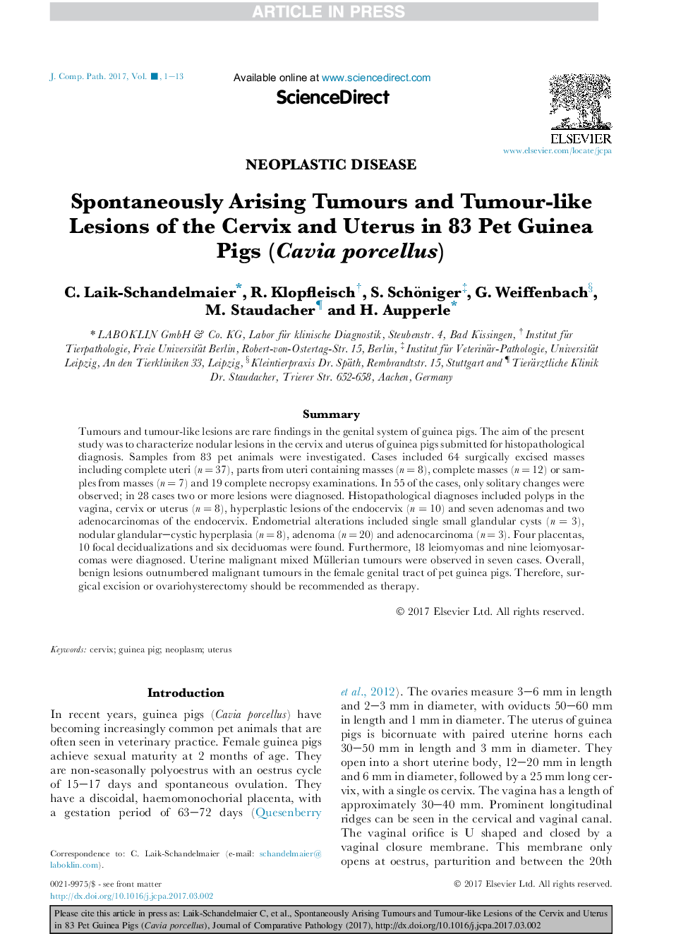 Spontaneously Arising Tumours and Tumour-like Lesions of the Cervix and Uterus in 83 Pet Guinea Pigs (Cavia porcellus)