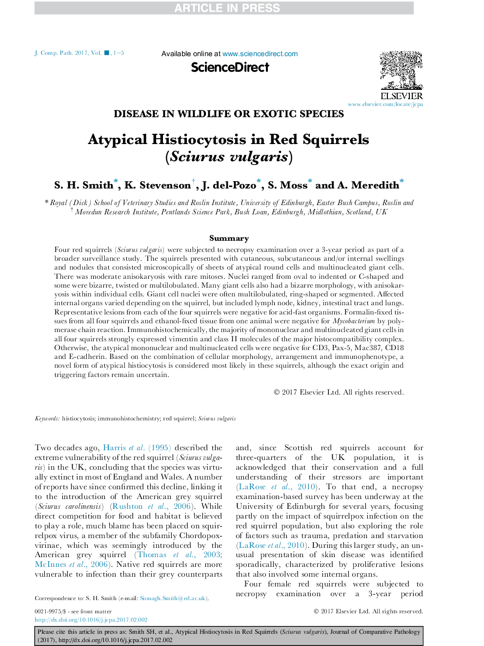 Atypical Histiocytosis in Red Squirrels (Sciurus vulgaris)