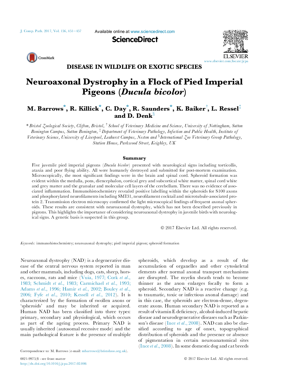 Neuroaxonal Dystrophy in a Flock of Pied Imperial Pigeons (Ducula bicolor)