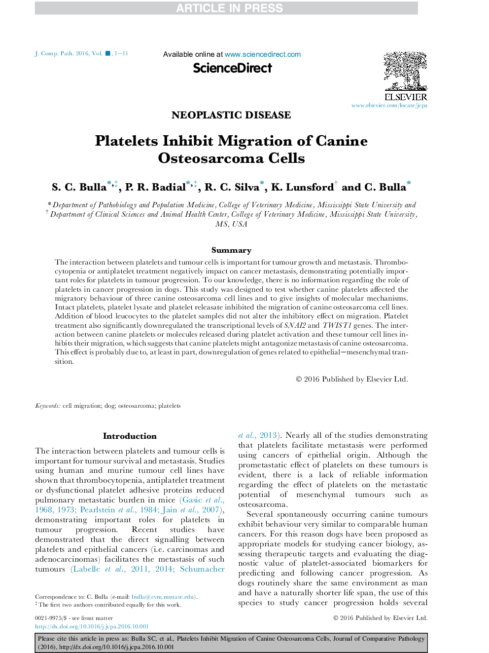 Platelets Inhibit Migration of Canine Osteosarcoma Cells