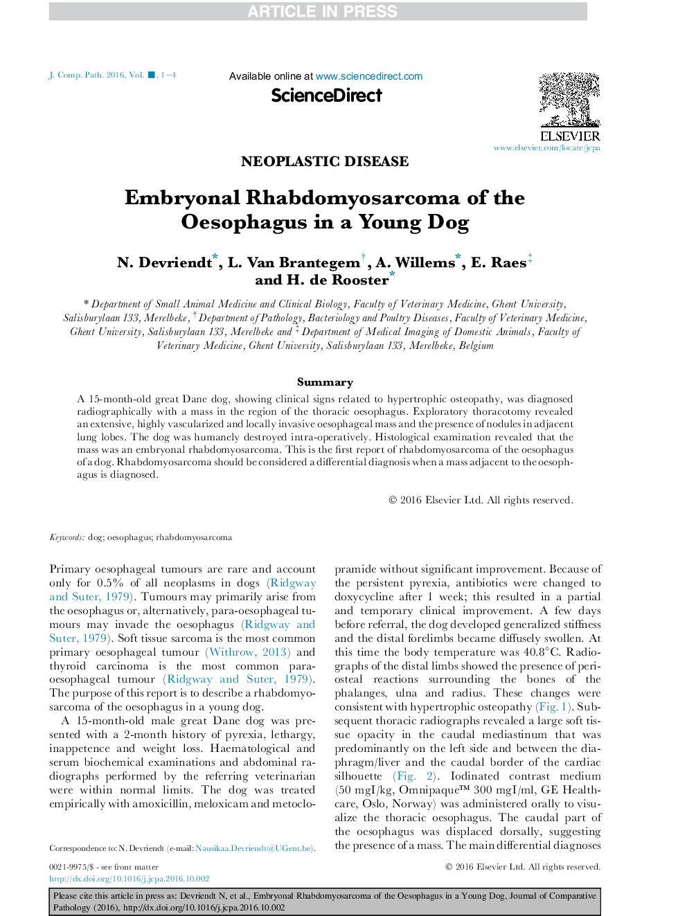 Embryonal Rhabdomyosarcoma of the Oesophagus in a Young Dog