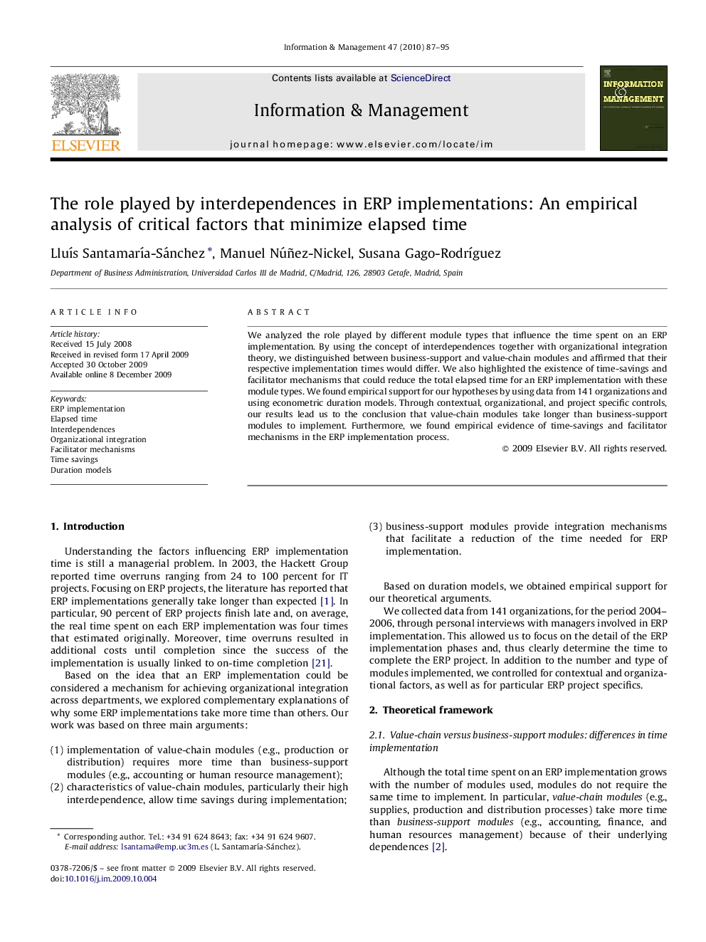 The role played by interdependences in ERP implementations: An empirical analysis of critical factors that minimize elapsed time