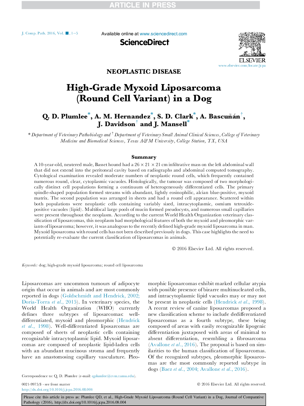 High-Grade Myxoid Liposarcoma (Round Cell Variant) in a Dog