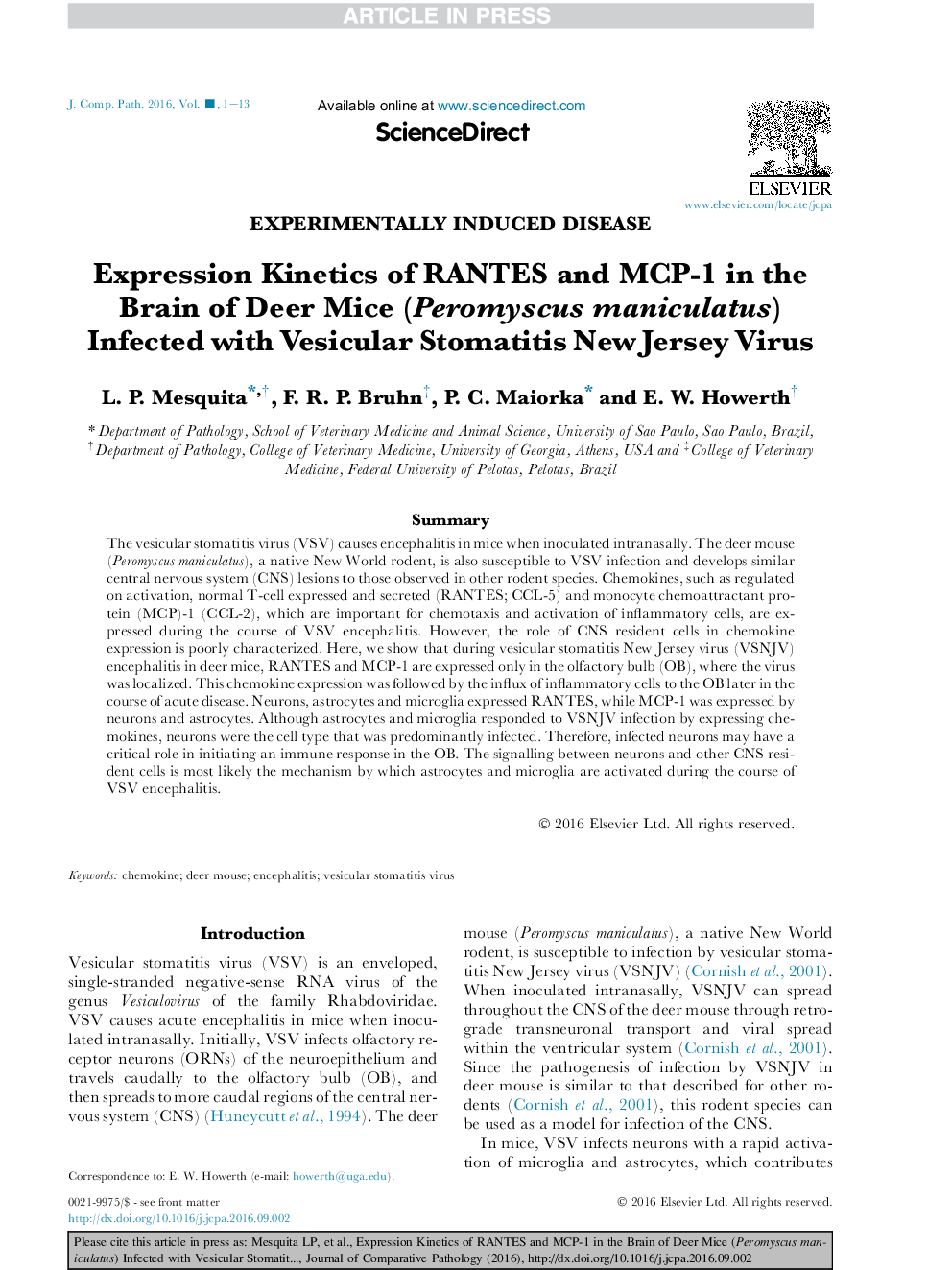 Expression Kinetics of RANTES and MCP-1 in the Brain of Deer Mice (Peromyscus maniculatus) Infected with Vesicular Stomatitis New Jersey Virus