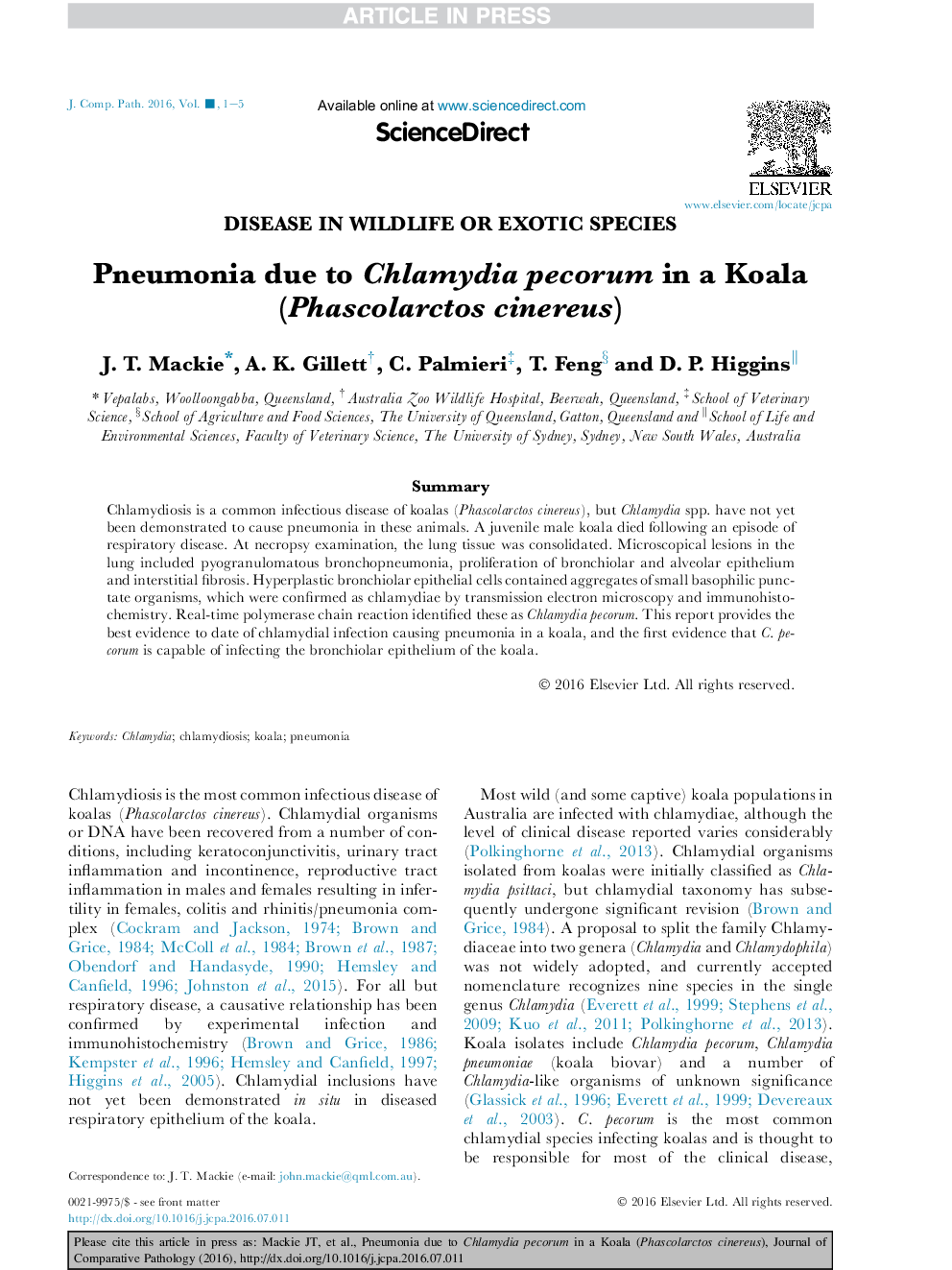 Pneumonia due to Chlamydia pecorum in a Koala (Phascolarctos cinereus)