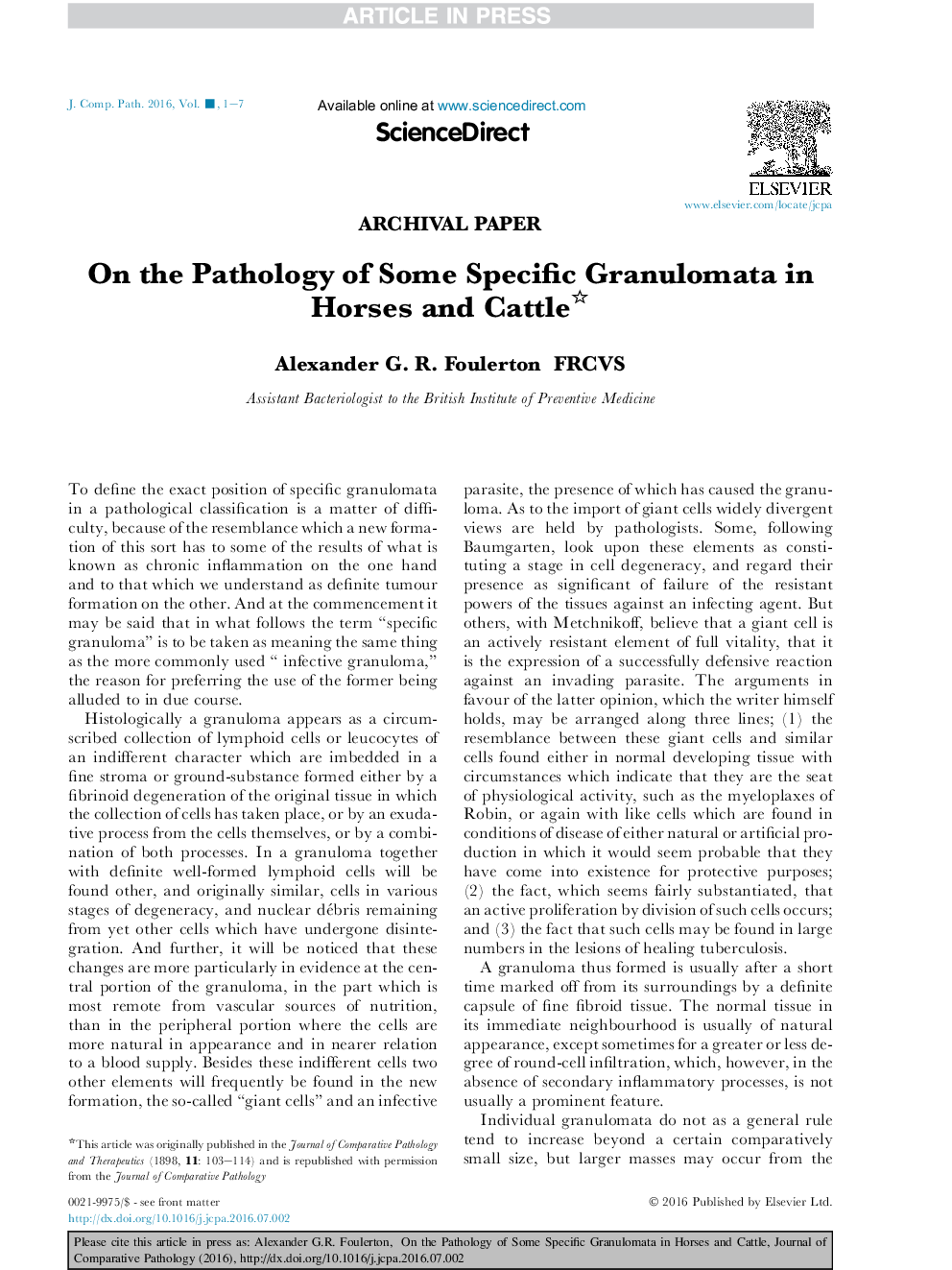 On the Pathology of Some Specific Granulomata in Horses and Cattle