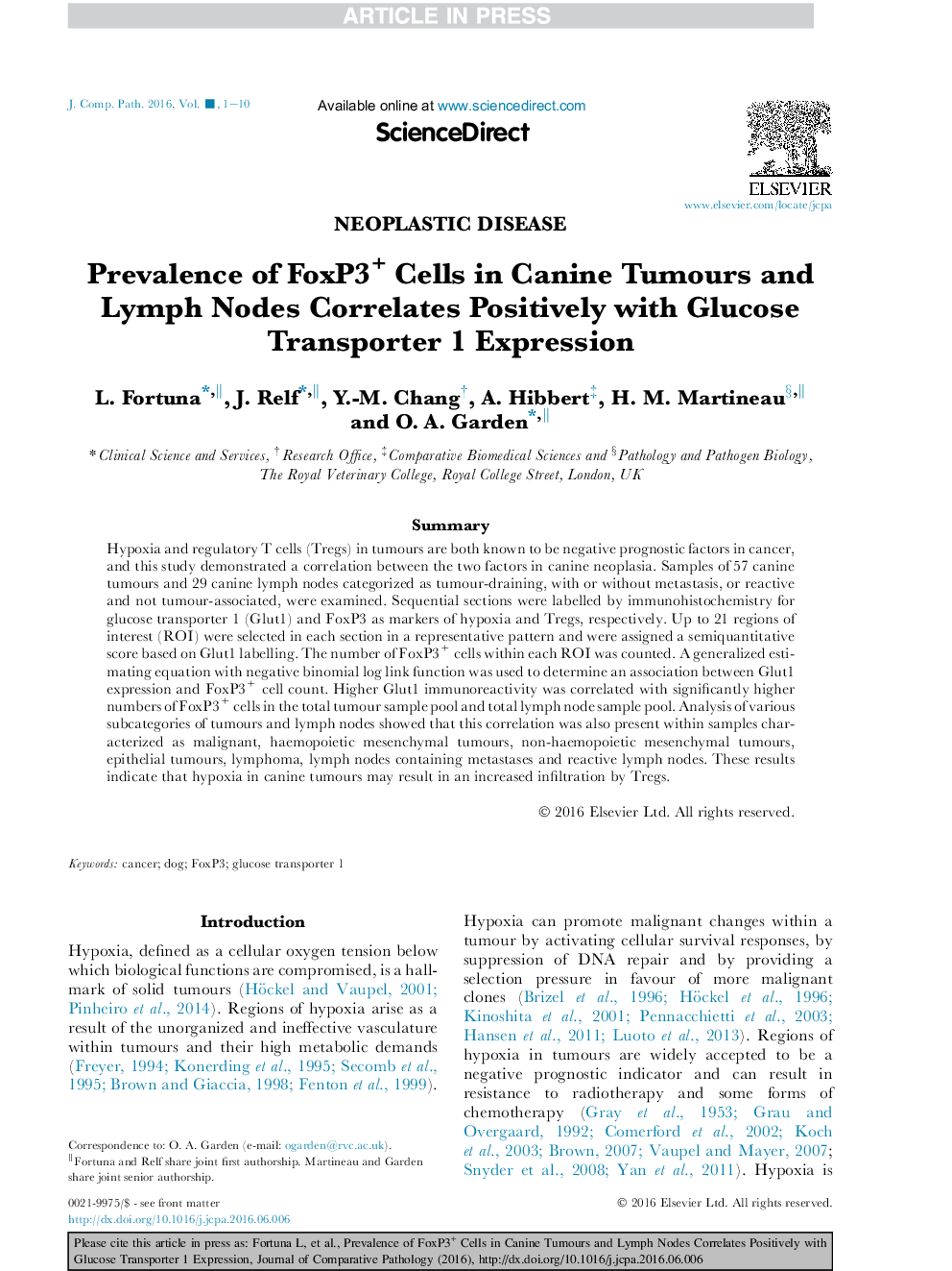 Prevalence of FoxP3+ Cells in Canine Tumours and Lymph Nodes Correlates Positively with Glucose Transporter 1 Expression