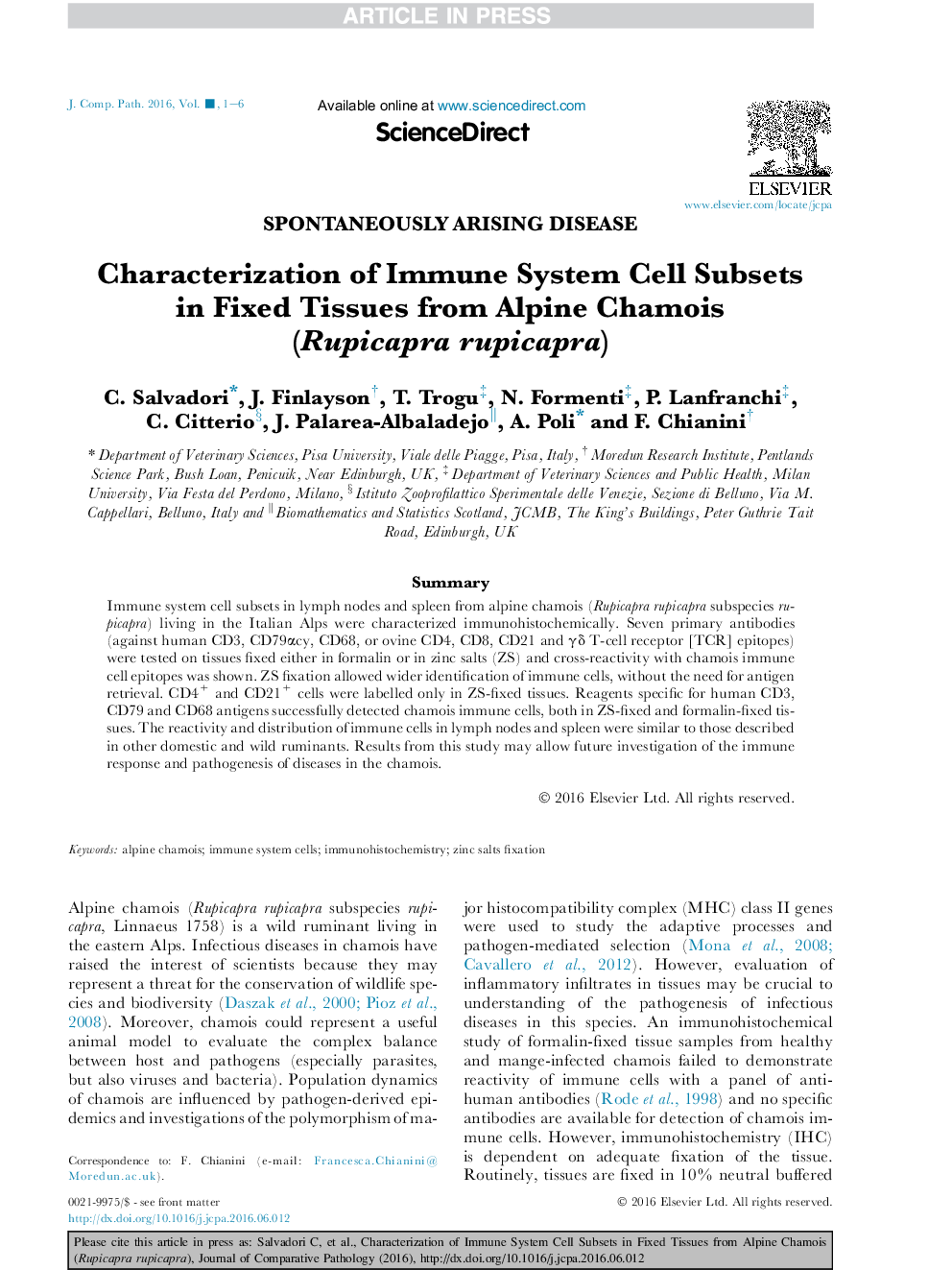 Characterization of Immune System Cell Subsets inÂ Fixed Tissues from Alpine Chamois (Rupicapra rupicapra)