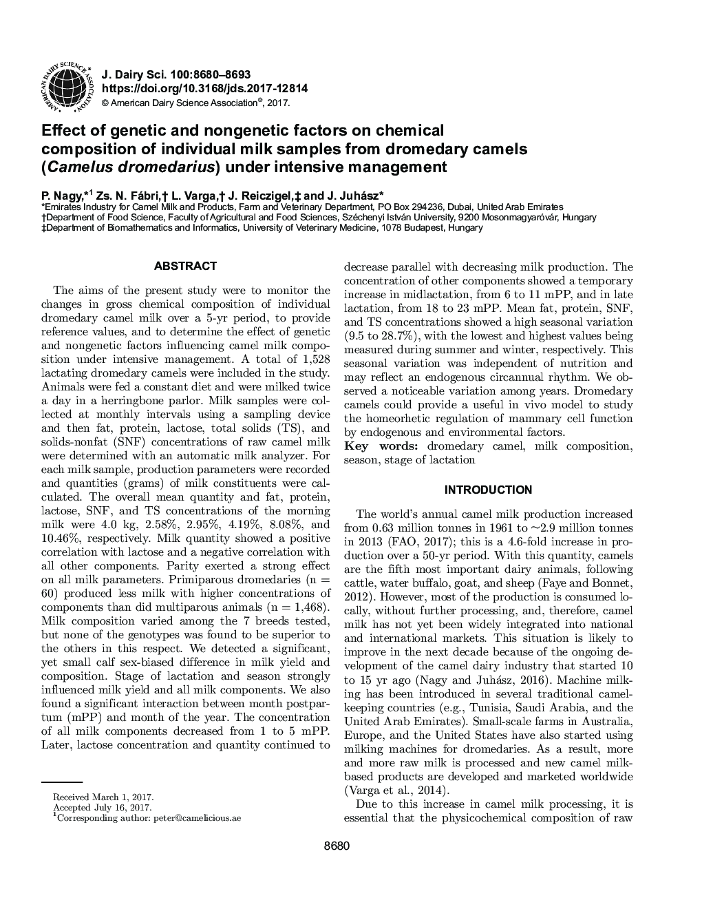 Effect of genetic and nongenetic factors on chemical composition of individual milk samples from dromedary camels (Camelus dromedarius) under intensive management