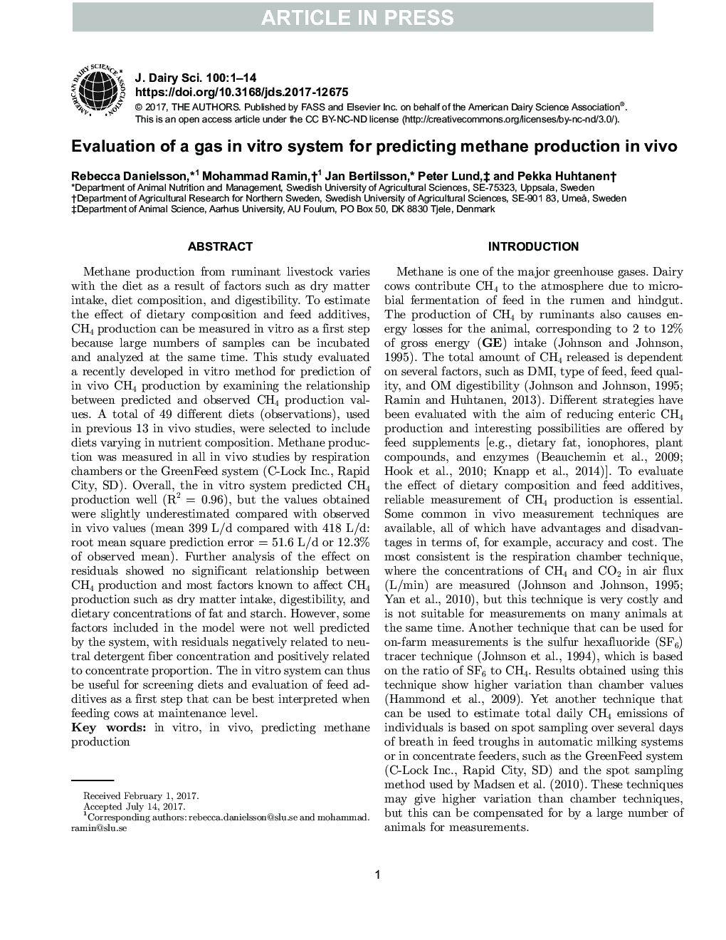 Evaluation of a gas in vitro system for predicting methane production in vivo