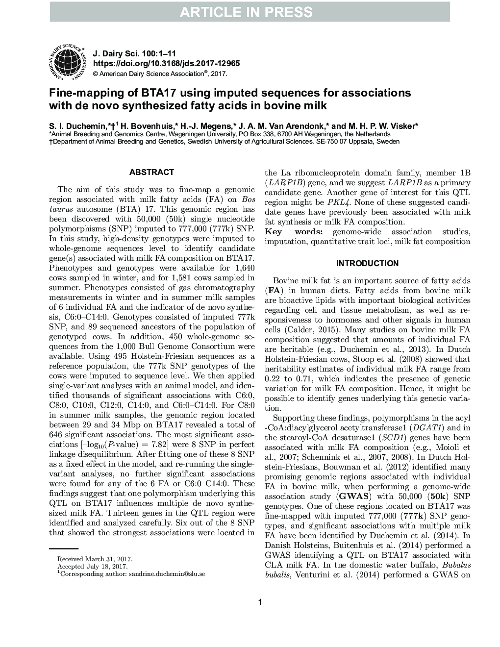 Fine-mapping of BTA17 using imputed sequences for associations with de novo synthesized fatty acids in bovine milk