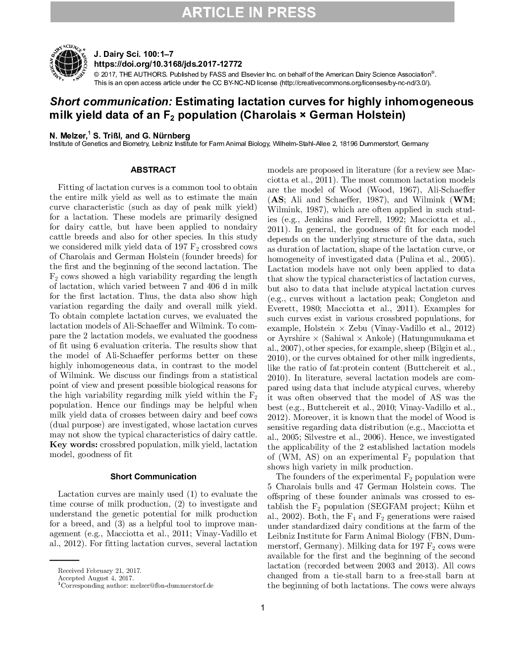 Short communication: Estimating lactation curves for highly inhomogeneous milk yield data of an F2 population (Charolais Ã German Holstein)