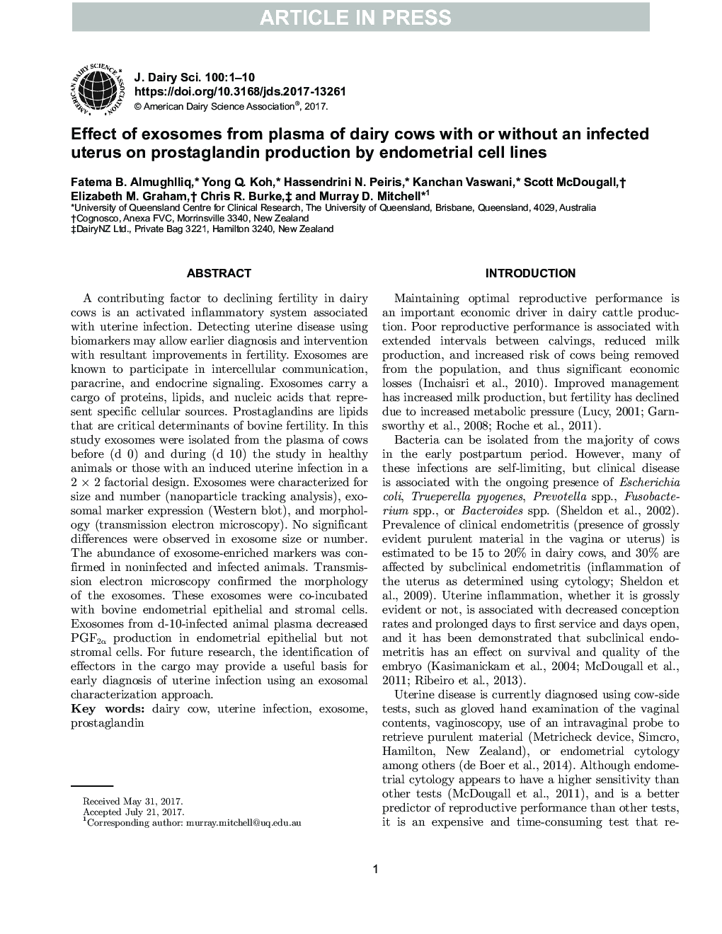 اثر اکوسوم ها از پلاسمای گاو های شیری با یا بدون رحم آلوده بر تولید پروستاگلاندین توسط سلول های اندومتر 