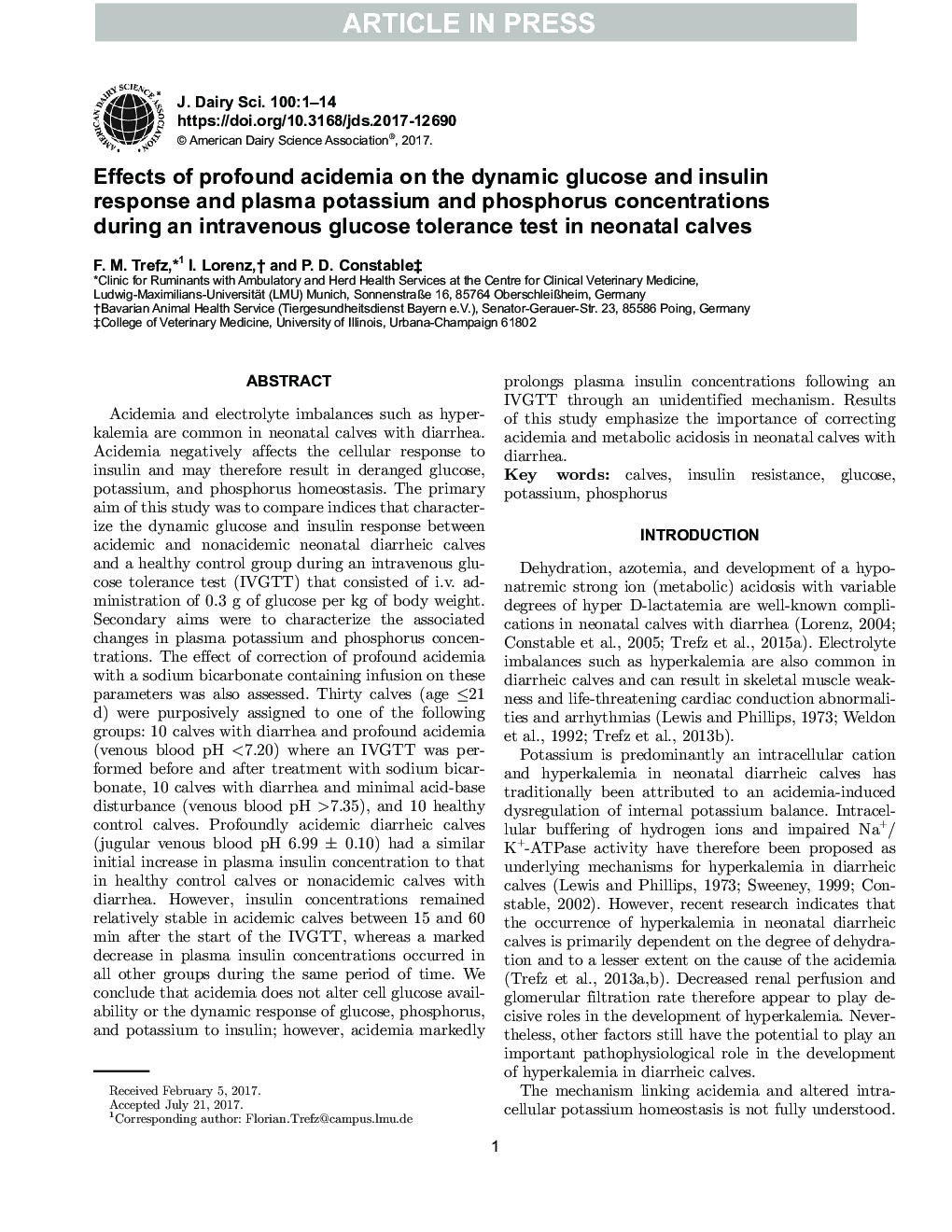 اثرات اسیدمی عمیق بر پاسخ گلوکز و انسولین پویا و غلظت پتاسیم و فسفر پلاسما در طی آزمایش تحمل گلوکز در گوساله های نوزادان 
