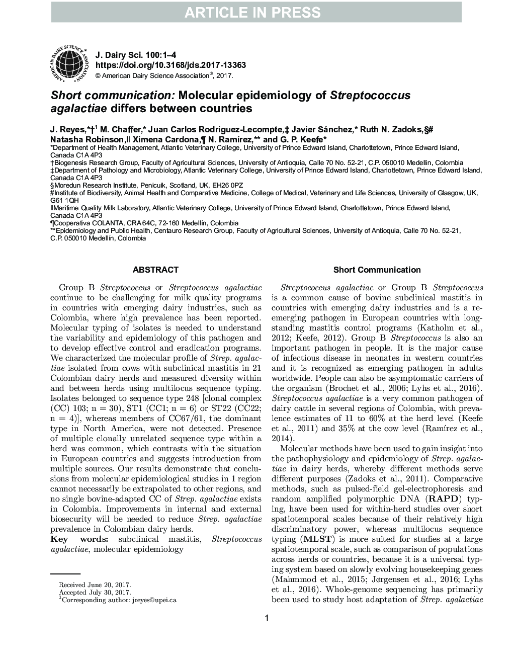 ارتباط کوتاه: اپیدمیولوژی مولکولی استرپتوکوکوس آگالاکتیا در کشورهای مختلف متفاوت است 