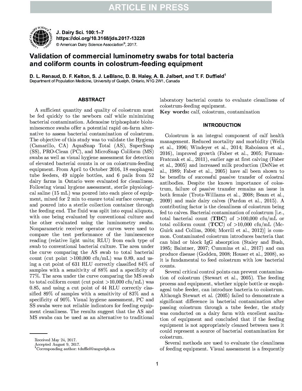 Validation of commercial luminometry swabs for total bacteria and coliform counts in colostrum-feeding equipment