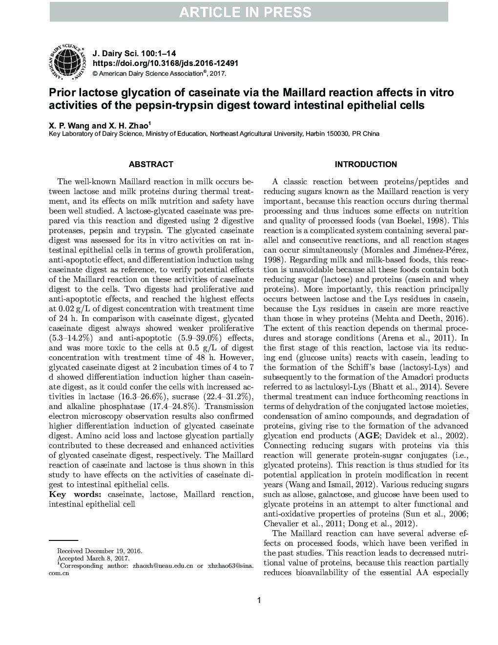 Prior lactose glycation of caseinate via the Maillard reaction affects in vitro activities of the pepsin-trypsin digest toward intestinal epithelial cells