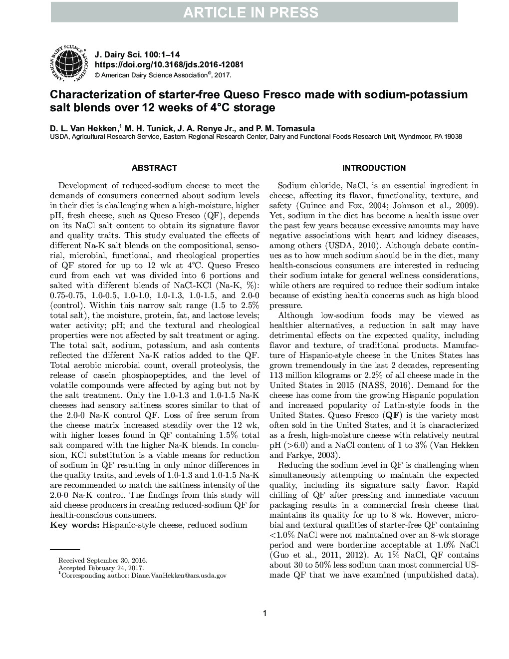 Characterization of starter-free Queso Fresco made with sodium-potassium salt blends over 12 weeks of 4Â°C storage