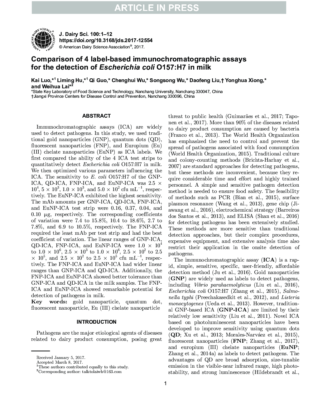 Comparison of 4 label-based immunochromatographic assays for the detection of Escherichia coli O157:H7 in milk