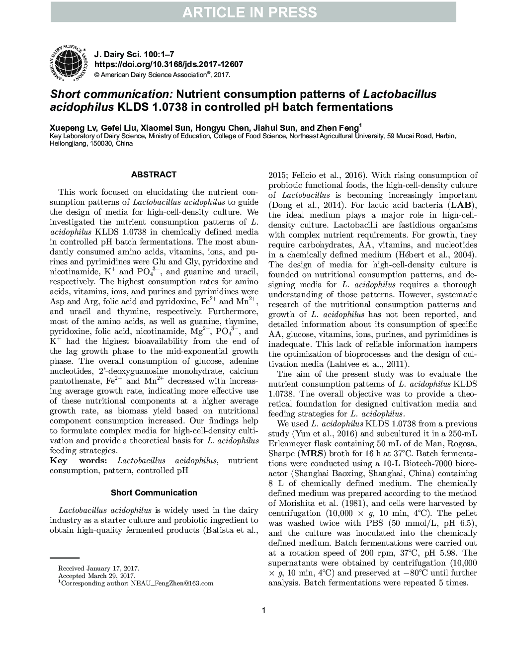 Short communication: Nutrient consumption patterns of Lactobacillus acidophilus KLDS 1.0738 in controlled pH batch fermentations