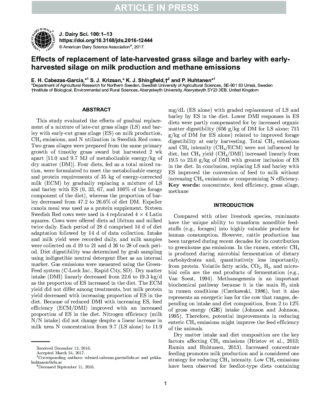 Effects of replacement of late-harvested grass silage and barley with early-harvested silage on milk production and methane emissions