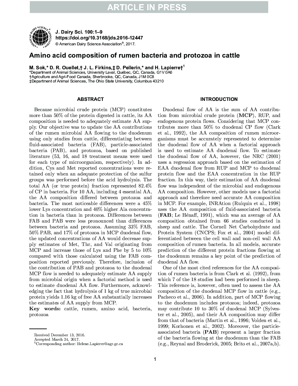 Amino acid composition of rumen bacteria and protozoa in cattle