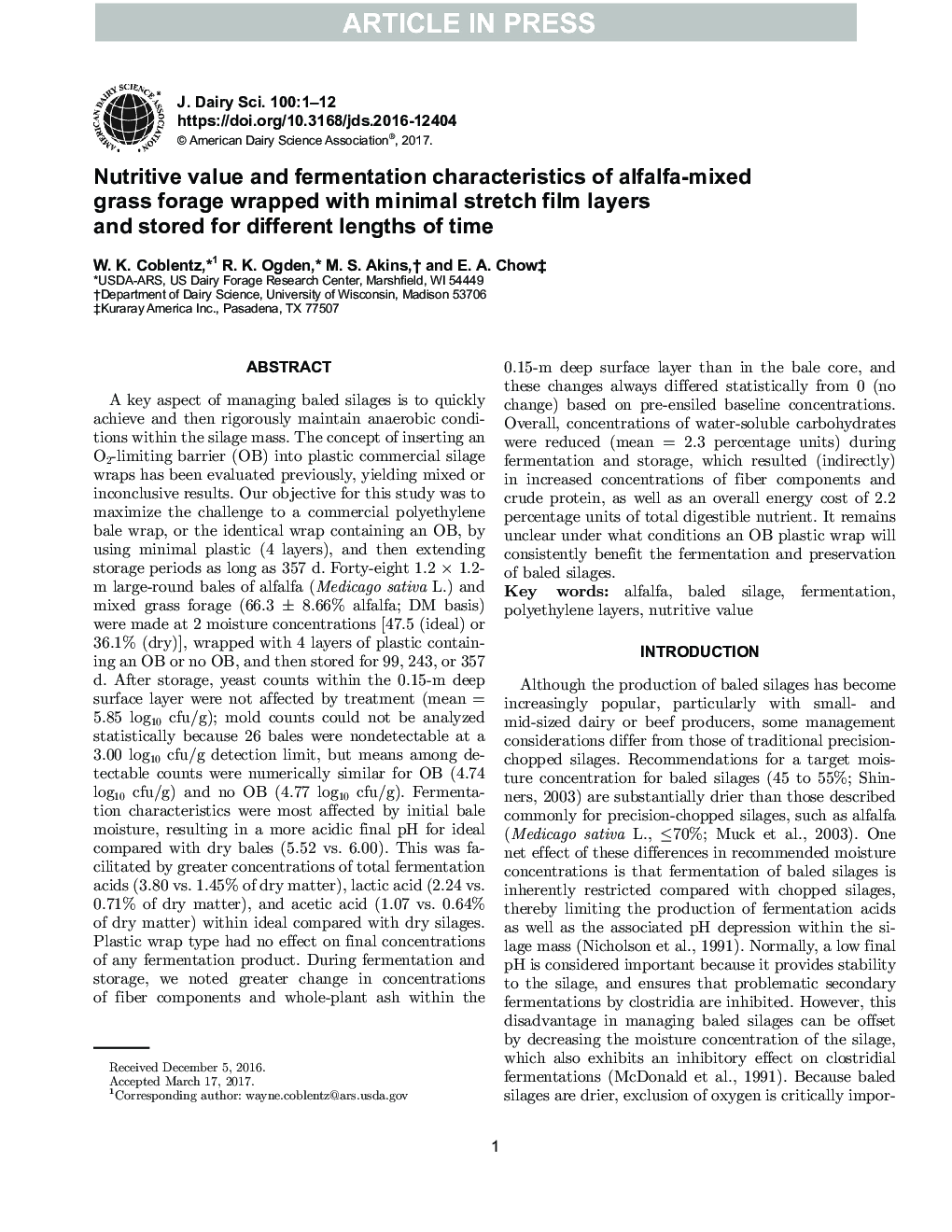 Nutritive value and fermentation characteristics of alfalfa-mixed grass forage wrapped with minimal stretch film layers and stored for different lengths of time