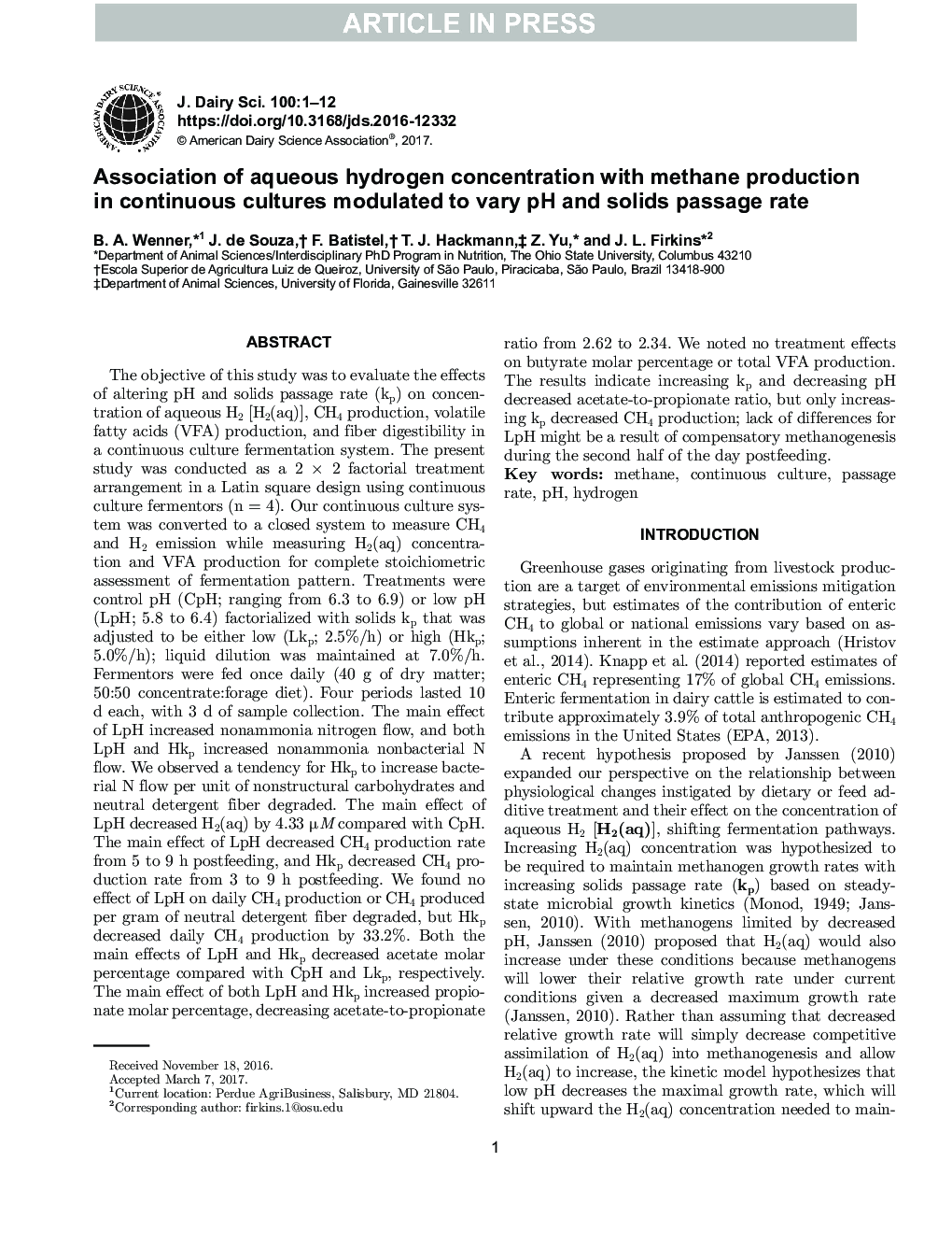 Association of aqueous hydrogen concentration with methane production in continuous cultures modulated to vary pH and solids passage rate