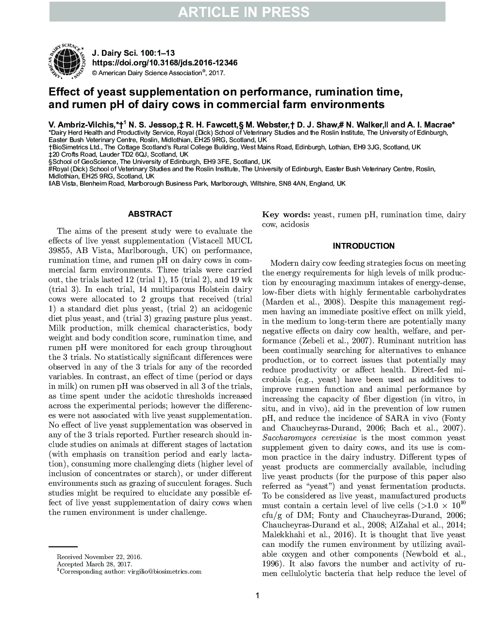 Effect of yeast supplementation on performance, rumination time, and rumen pH of dairy cows in commercial farm environments