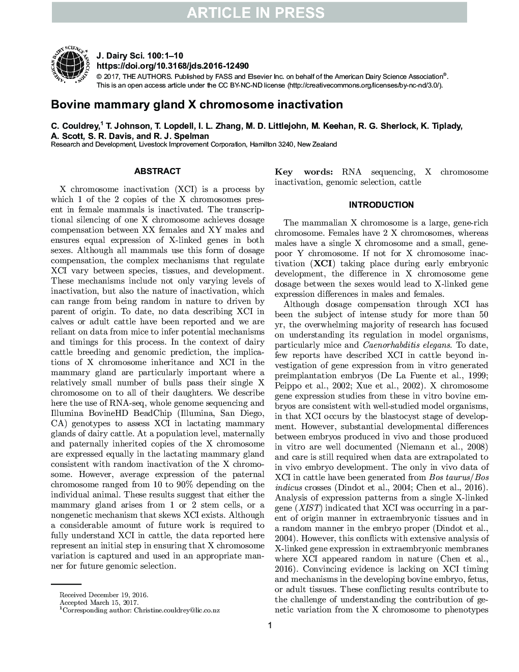 Bovine mammary gland X chromosome inactivation