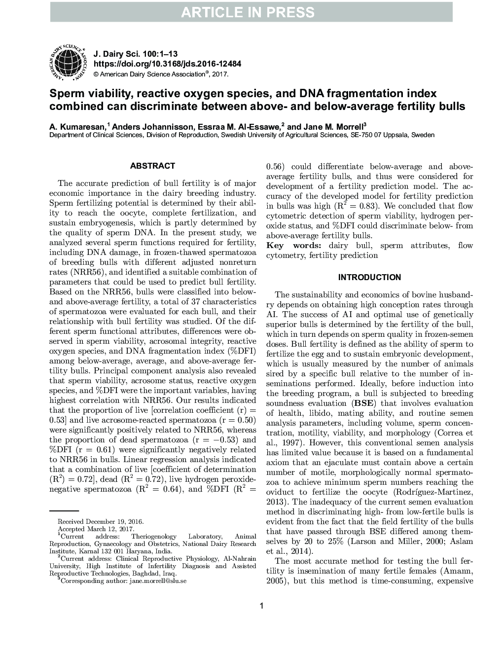 Sperm viability, reactive oxygen species, and DNA fragmentation index combined can discriminate between above- and below-average fertility bulls