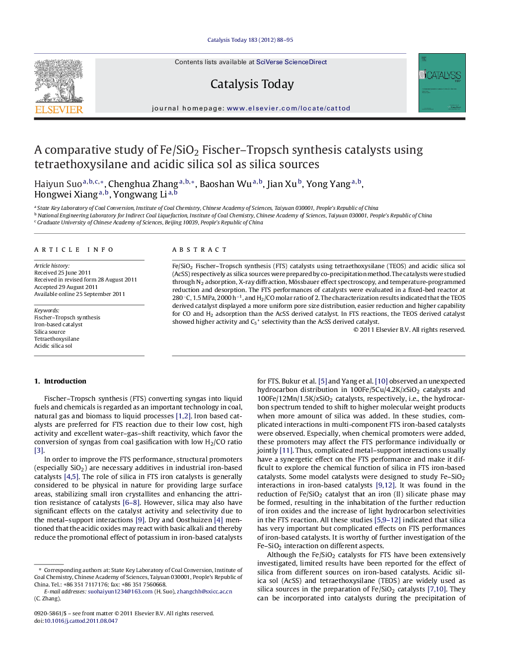 A comparative study of Fe/SiO2 Fischer–Tropsch synthesis catalysts using tetraethoxysilane and acidic silica sol as silica sources