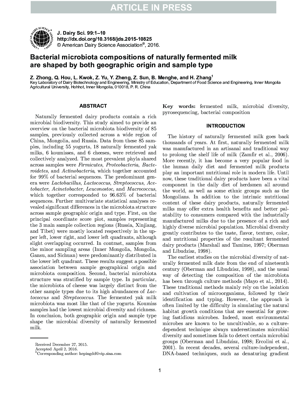 Bacterial microbiota compositions of naturally fermented milk are shaped by both geographic origin and sample type