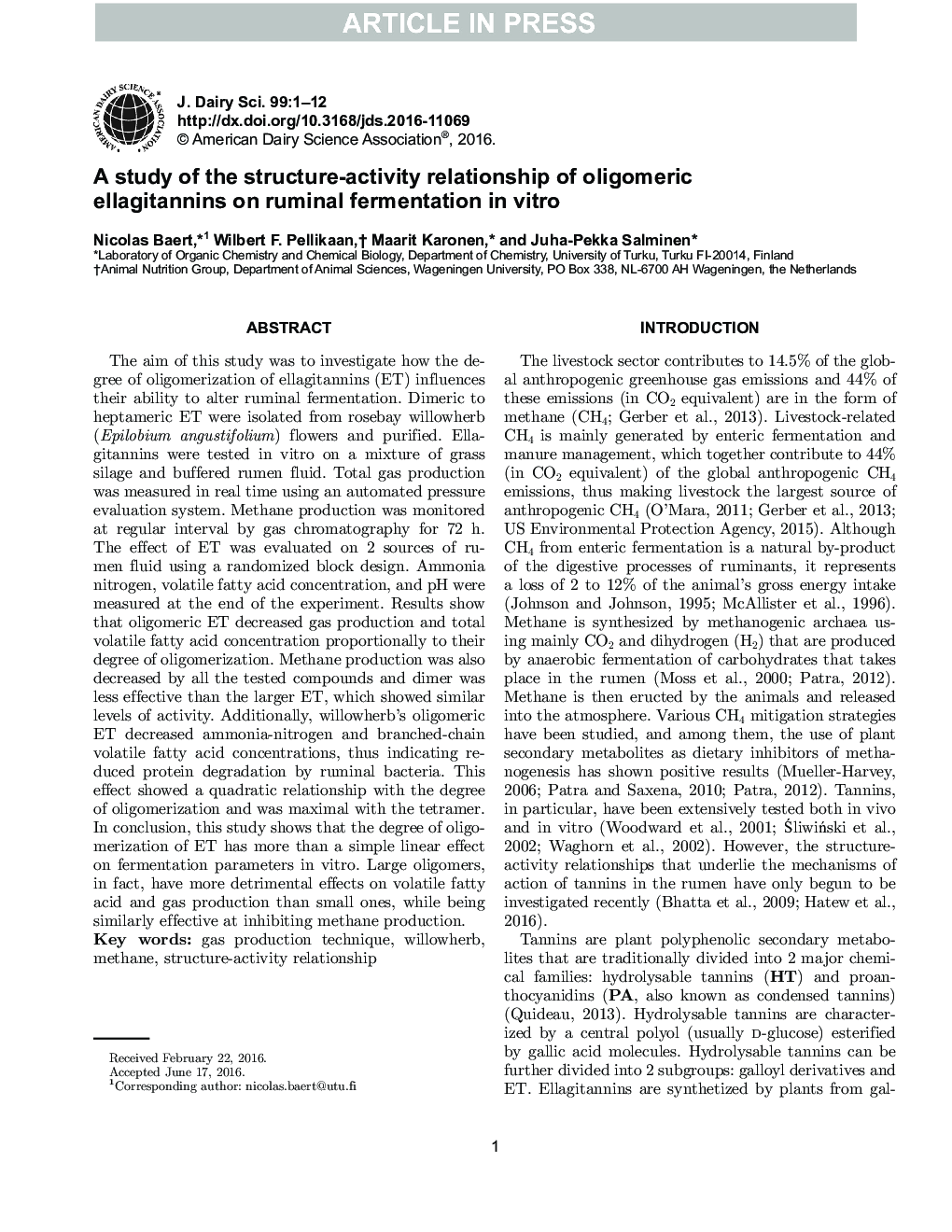 A study of the structure-activity relationship of oligomeric ellagitannins on ruminal fermentation in vitro