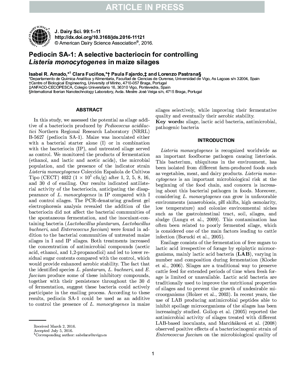 Pediocin SA-1: A selective bacteriocin for controlling Listeria monocytogenes in maize silages