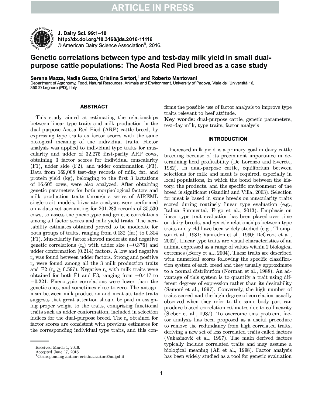 Genetic correlations between type and test-day milk yield in small dual-purpose cattle populations: The Aosta Red Pied breed as a case study