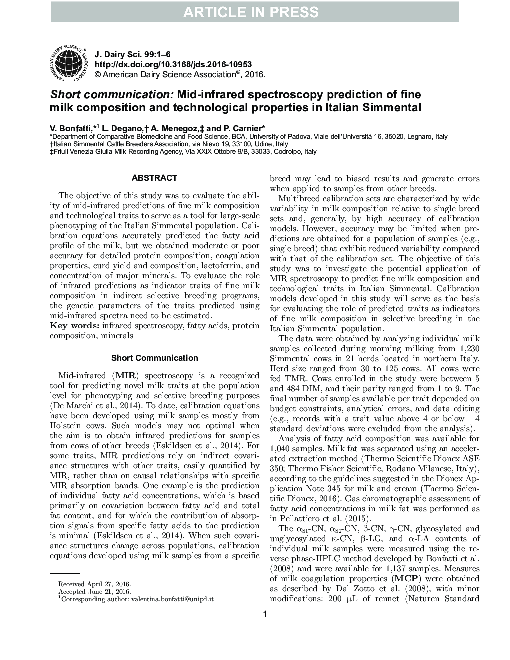 Short communication: Mid-infrared spectroscopy prediction of fine milk composition and technological properties in Italian Simmental