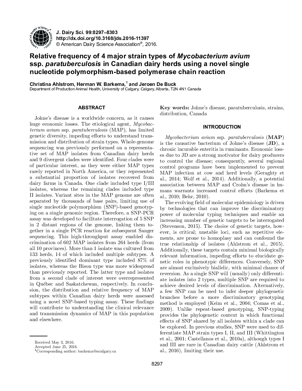 Relative frequency of 4 major strain types of Mycobacterium avium ssp. paratuberculosis in Canadian dairy herds using a novel single nucleotide polymorphism-based polymerase chain reaction