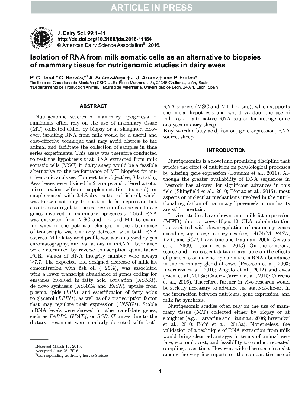 Isolation of RNA from milk somatic cells as an alternative to biopsies of mammary tissue for nutrigenomic studies in dairy ewes