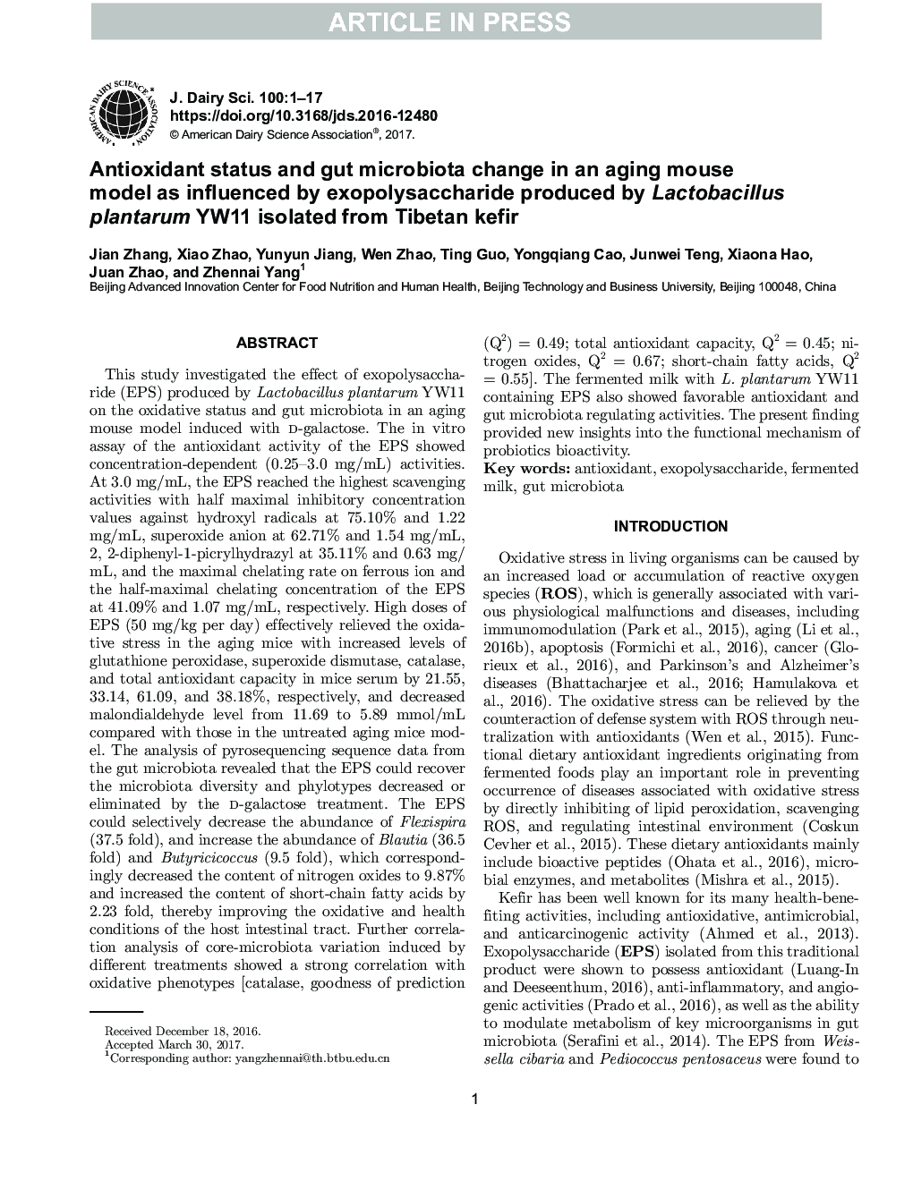 Antioxidant status and gut microbiota change in an aging mouse model as influenced by exopolysaccharide produced by Lactobacillus plantarum YW11 isolated from Tibetan kefir