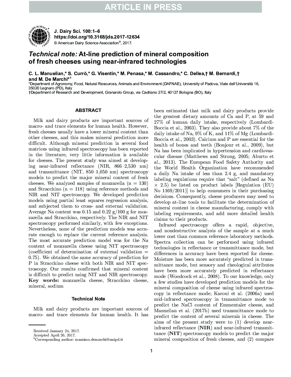 Technical note: At-line prediction of mineral composition of fresh cheeses using near-infrared technologies