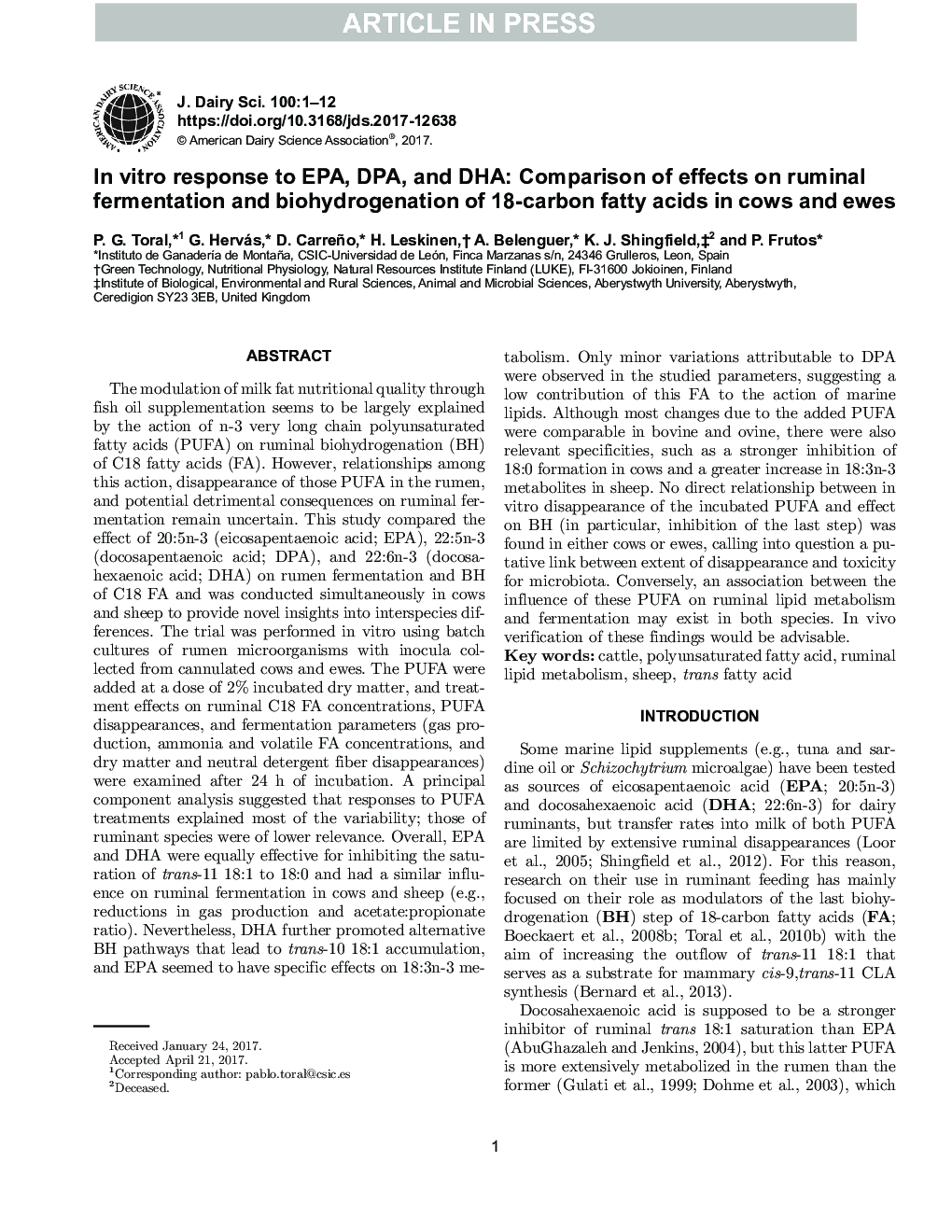 In vitro response to EPA, DPA, and DHA: Comparison of effects on ruminal fermentation and biohydrogenation of 18-carbon fatty acids in cows and ewes