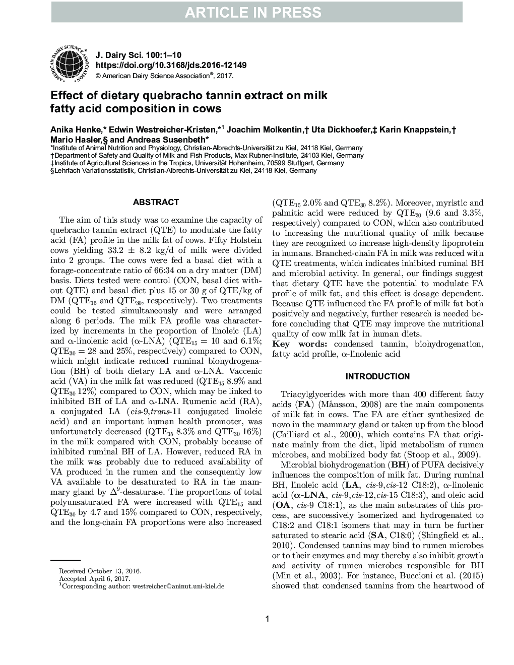 Effect of dietary quebracho tannin extract on milk fatty acid composition in cows