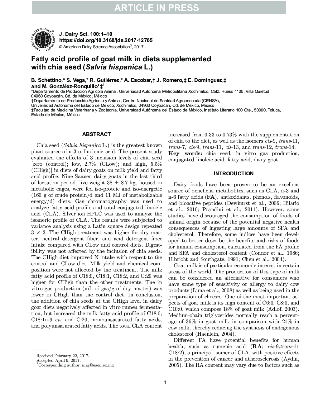 Fatty acid profile of goat milk in diets supplemented with chia seed (Salvia hispanica L.)