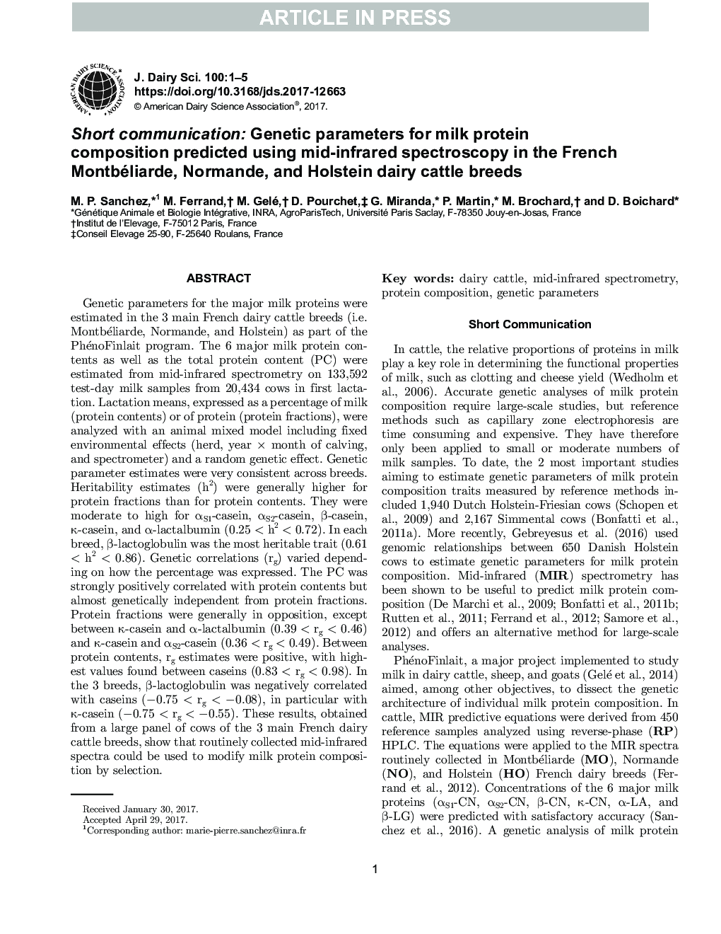 Short communication: Genetic parameters for milk protein composition predicted using mid-infrared spectroscopy in the French Montbéliarde, Normande, and Holstein dairy cattle breeds